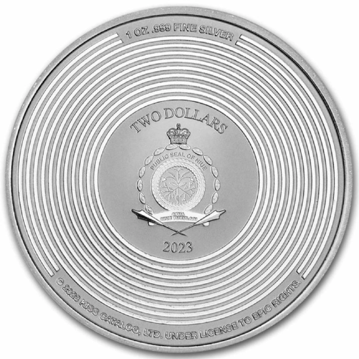 Niue: KISS 50th Anniversary kolorowany 1 uncja Srebra 2023 Slab