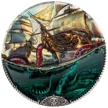 Cook Islands: Underwater Fantasy - Sea Monster kolorowany 3 uncje Srebra 2025 Antiqued Coin