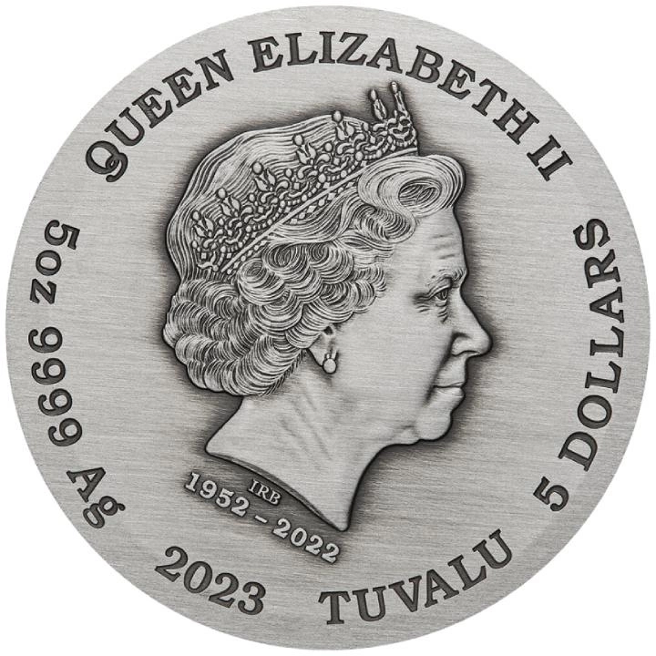 Tuvalu: Dragon kolorowany 5 uncji Srebra 2023 Antiqued Coin