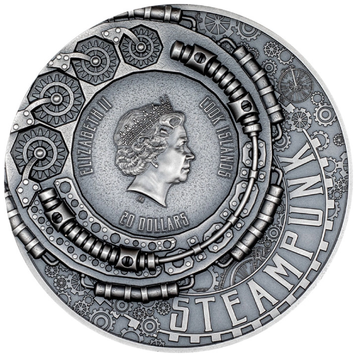 Cook Islands: Steampunk - Science Lab pozłacany 3 uncje Srebra 2023 Ultra High Relief Antiqued Coin