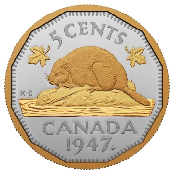 Canada: 1947 Maple Leaf Mark 5-Cent pozłacany Srebro 2023 Proof
