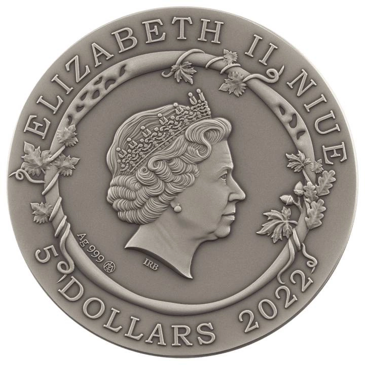 Niue: Myths of Love - Medea’s and Jason’s Love kolorowany, pozłacany $5 Srebro 2022 High Relief Antiqued Coin