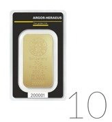 50 gramów Sztabka Złota Aegor-Heraeus PAKIET 10 SZTUK
