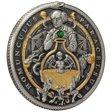 Niue: The Alchemists - Paracelsus pozłacany $5 Srebro 2023 Antique Finish