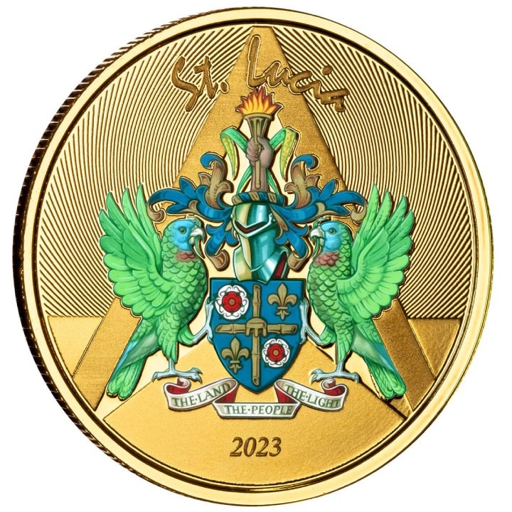 St. Lucia - Coat of Arms kolorowany 1 uncja Złota 2023 Proof