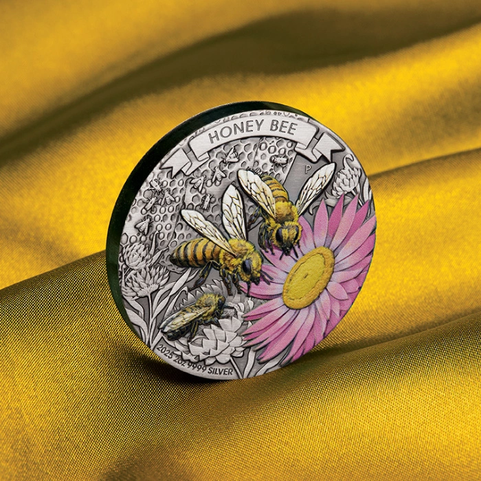 Australia: Honey Bee kolorowany 2 uncje Srebra 2025 Antiqued Coin