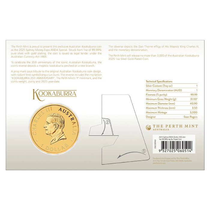 Perth Mint: Kookaburra - 35. Rocznica pozłacany 1 uncja Srebra 2025 (Sydney Money Expo Anda Special)
