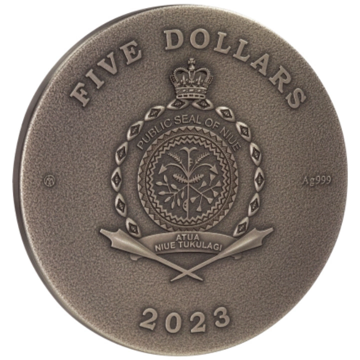 Niue: Missing Treasures - Golden Owl kolorowany, pozłacany $5 Srebro 2023 High Relief Antiqued Coin