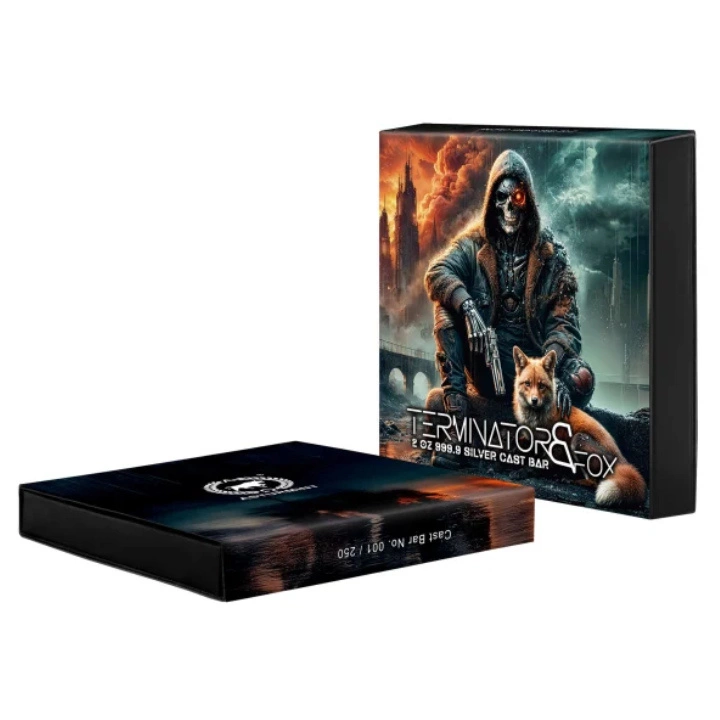 Sztabka Asturmint: Terminator & Fox kolorowany 2 uncje Srebra 2025 Antique Finish