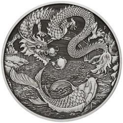 Chinese Myths and Legends: Dragon & Koi 1 uncja Srebra 2023 Antiqued Coin