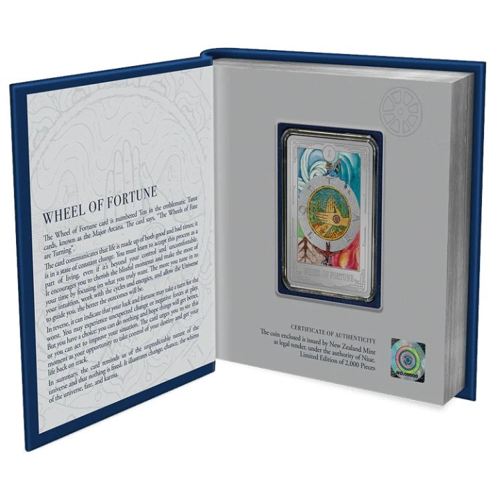 Niue: Tarot Cards – Wheel of Fortune kolorowany 1 uncja Srebra 2023 Proof