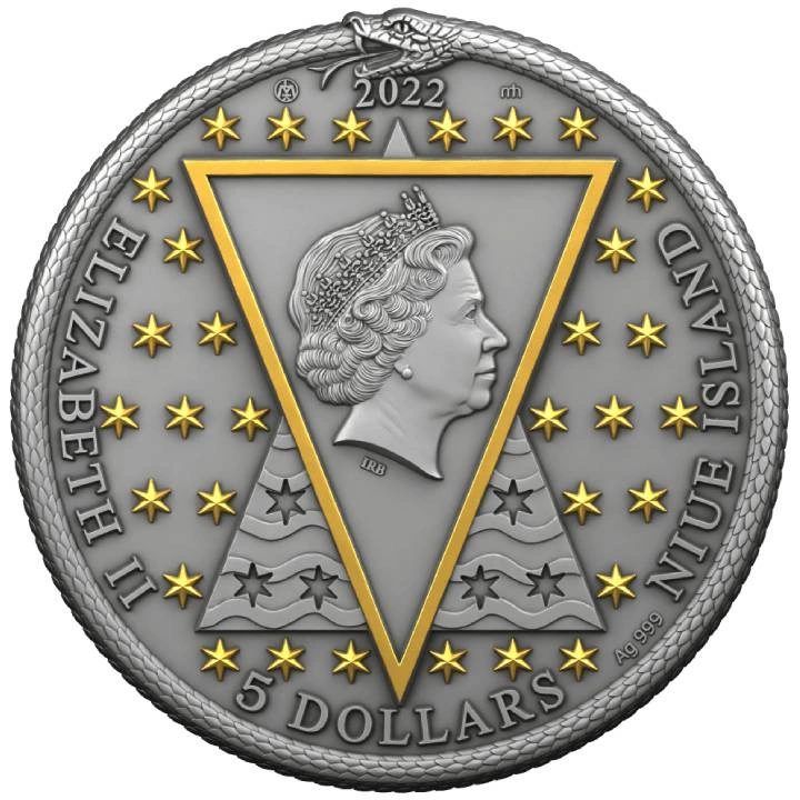 Niue: The Alchemists - Dr. J. Dee "Ars Speculum" $5 Srebro 2022 Antique Finish