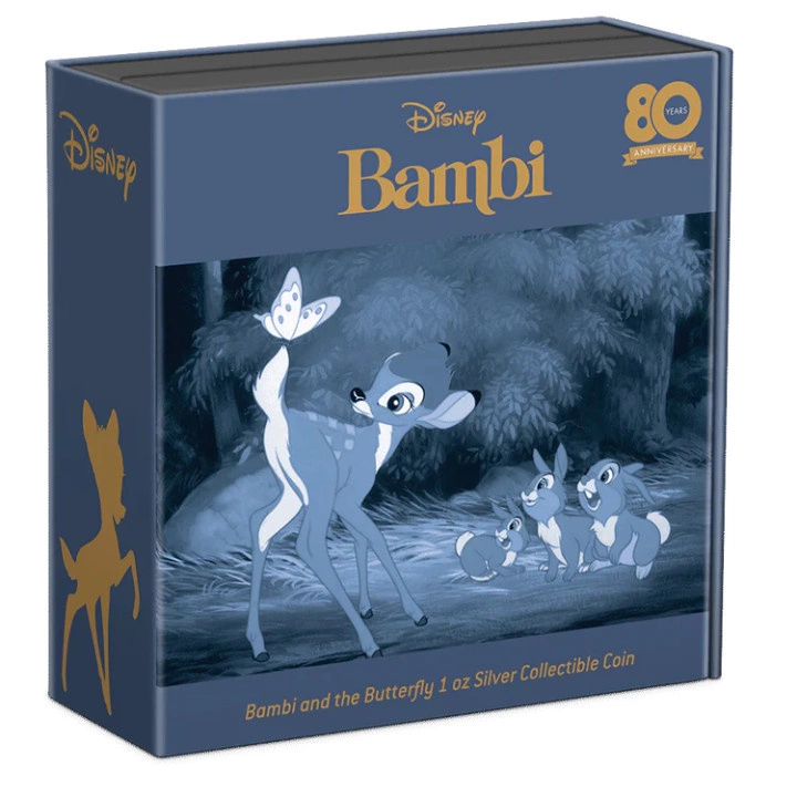 Niue: Disney - Bambi and Butterfly 80 rocznica filmu kolorowany 1 uncja Srebra 2022 Proof