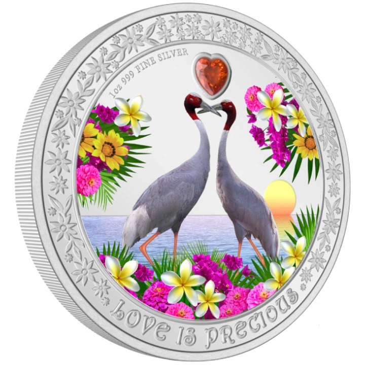 Niue: Love is Precious - Sarus Crane kolorowany 1 uncja Srebra 2024 Proof