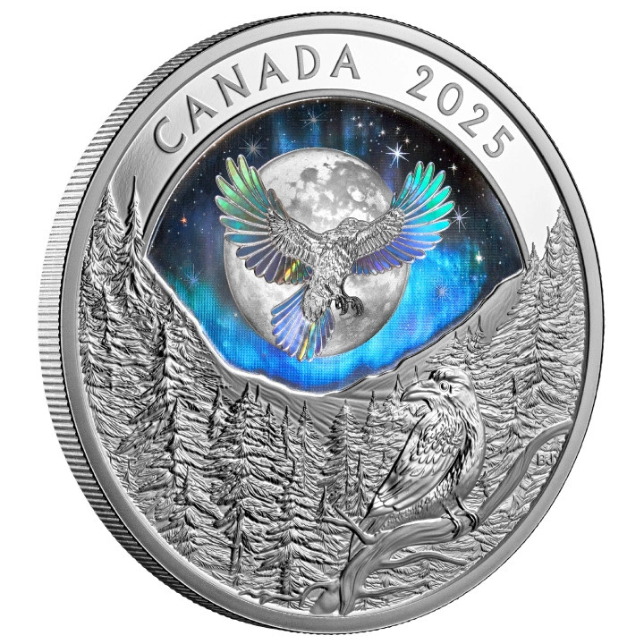 Canada: Moon Sky - Raven kolorowany $20 Srebro 2025 Proof Hologram