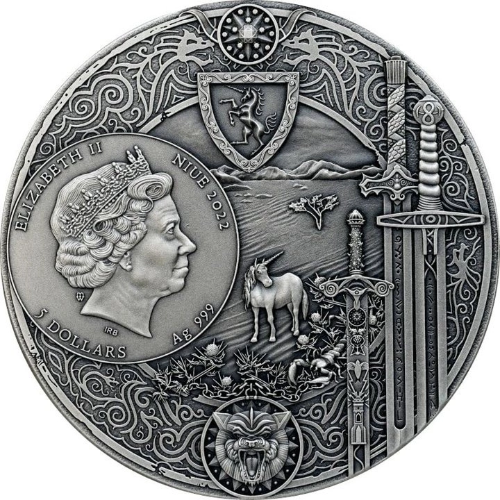 Niue: The Witcher Book Series - Time of Contempt kolorowany, pozłacany 2 uncje Srebra 2022 High Relief Antiqued Coin