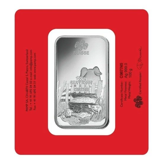 100 Gramów Sztabka Srebra seria Lunar Rok Świni