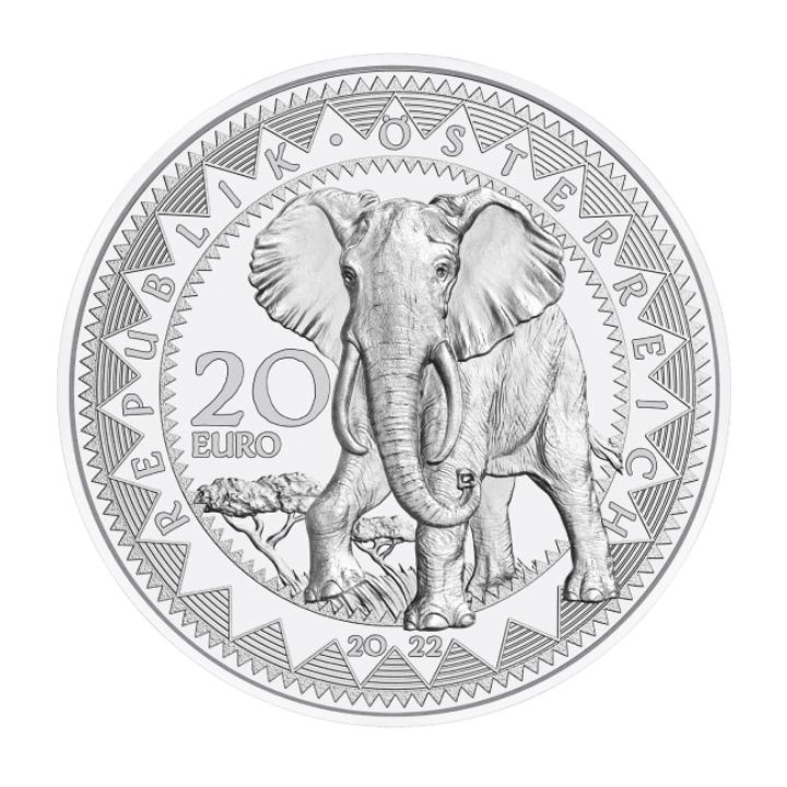 Africa - The Serenity of the Elephant 20 Euro Srebro 2022 Proof