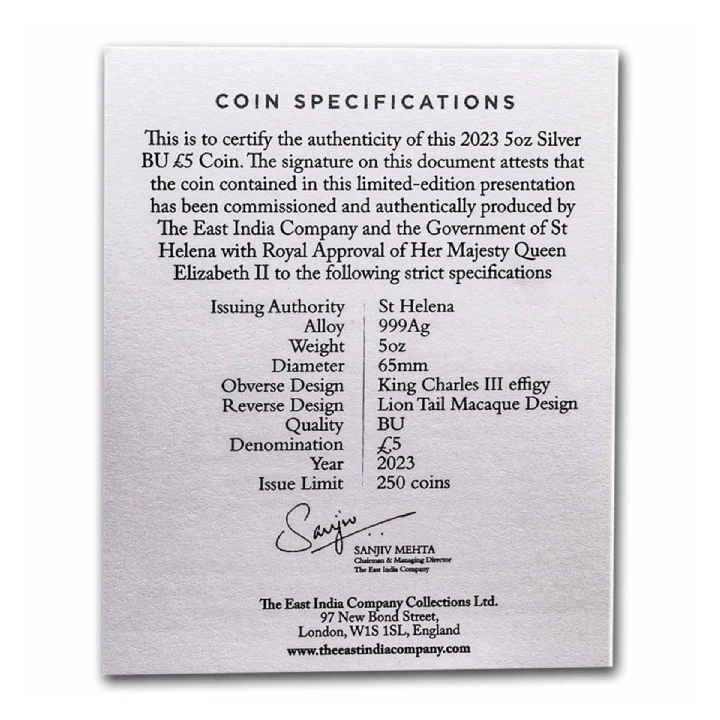 St Helena: Cash India Wildlife - Lion Tailed Macaque 5 uncji Srebra 2023