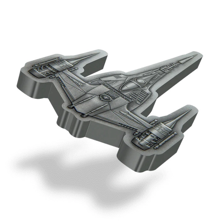Niue: Star Wars The Mandalorian - The Mandalorian's N-1 Starfighter 3 uncje Srebra 2023 Antiqued Shaped Coin
