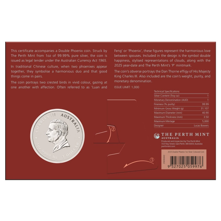 Chinese Myths and Legends: Double Phoenix kolorowany (vivid) 1 uncja Srebra 2025 (moneta w karcie)