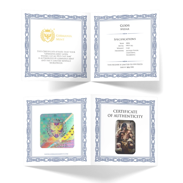 Sztabka Germania Mint: Gods - Widar kolorowany 2 uncje Srebra 2024 Antique Finish