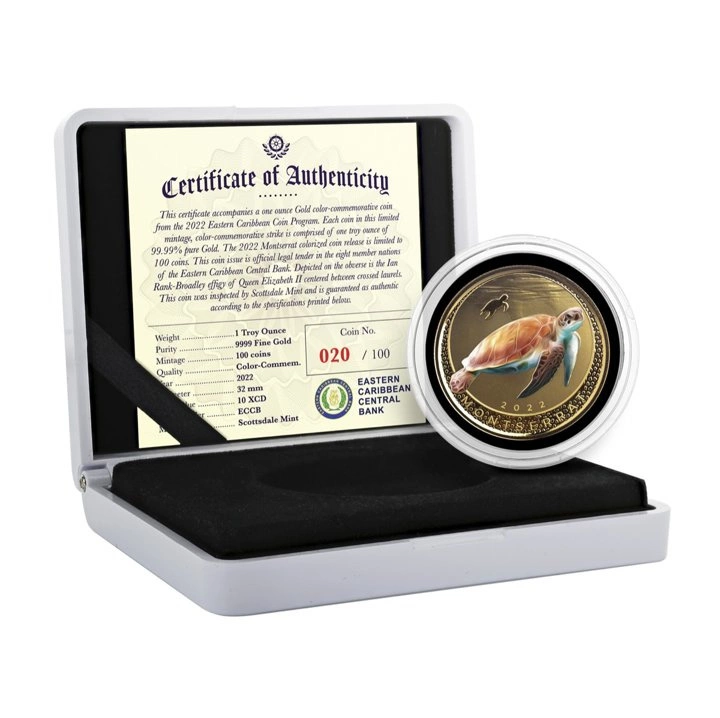 Montserrat Blue Sea Turtle kolorowany 1 uncja Złota 2022 Proof