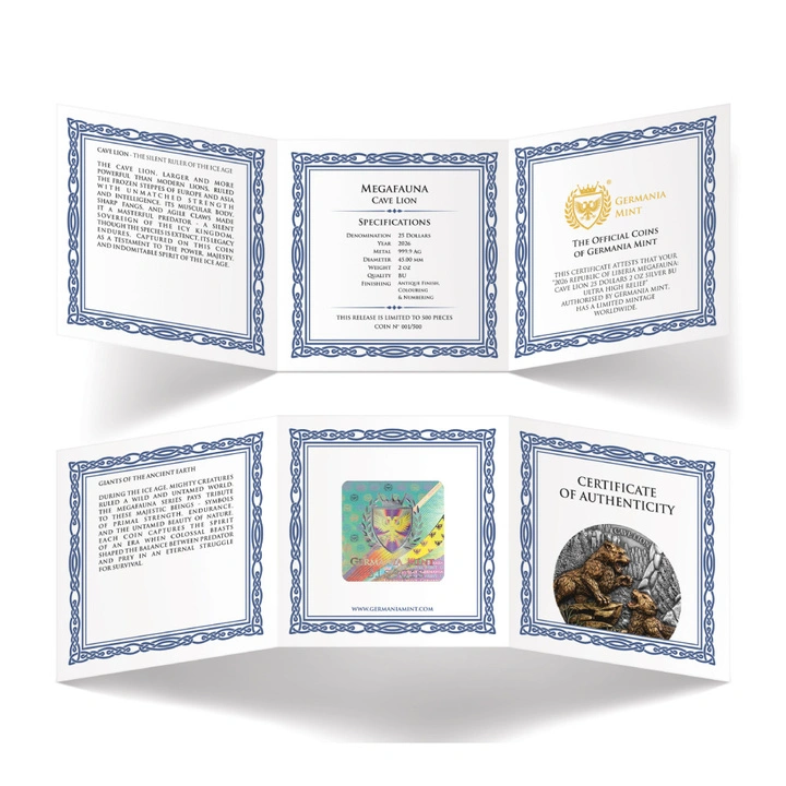 Germania Mint: Megafauna - Lew Jaskiniowy kolorowany 2 uncje Srebra 2026 Antiqued Coin