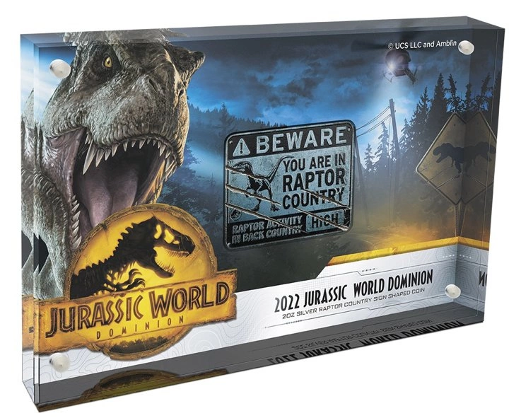 Niue: Jurassic World Dominion - Raptor Country kolorowany 2 uncje Srebra 2022 Sign Shaped Coin