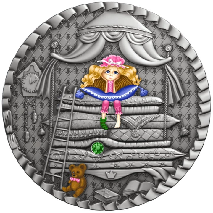 Niue: Fairy Tales - The Princess and the Pea kolorowana $1 Srebro 2021 High Relief Antiqued Coin