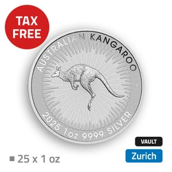Australijski Kangur 25 uncji Srebra - przechowywane w bezcłowym magazynie w Zurichu (Brink's)