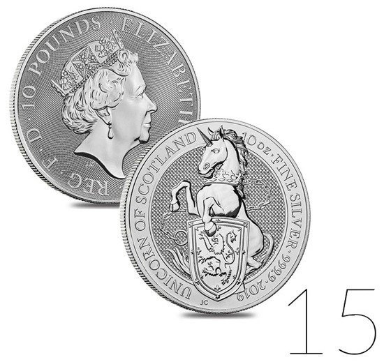 Bestie Królowej: Jednorożec Szkocji 10 uncji Srebra 2019 PAKIET 15 SZTUK