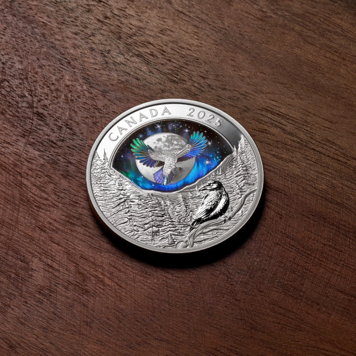 Canada: Moon Sky - Raven kolorowany $20 Srebro 2025 Proof Hologram
