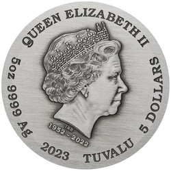 Tuvalu: Dragon kolorowany 5 uncji Srebra 2023 Antiqued Coin