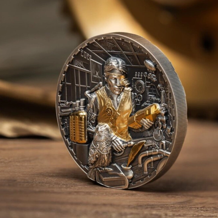 Cook Islands: Steampunk - Science Lab pozłacany 3 uncje Srebra 2023 Ultra High Relief Antiqued Coin