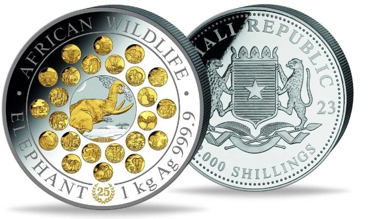 African Wildlife: Słoń Somalijski 25. rocznica pozłacany 1000 gramów Srebra 2023 Proof