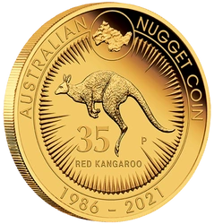 Australijski Kangur: 35 rocznica Kangaroo Nugget 1/4 uncji Złota 2021 Proof