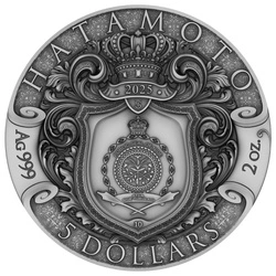 Niue: Hatamoto kolorowany/pozłacany 2 uncje Srebra 2025 Antiqued Coin