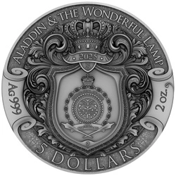 Niue: Aladdin & the Wonderful Lamp kolorowany/pozłacany 2 uncje Srebra 2025 Antiqued Coin