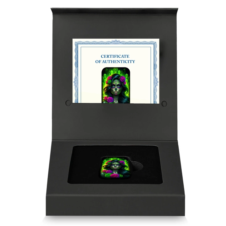 Sztabka Asturmint: Dia de los Muertos "Radioactive Catrina" kolorowana 2 uncje Srebra 2025 Antique Finish