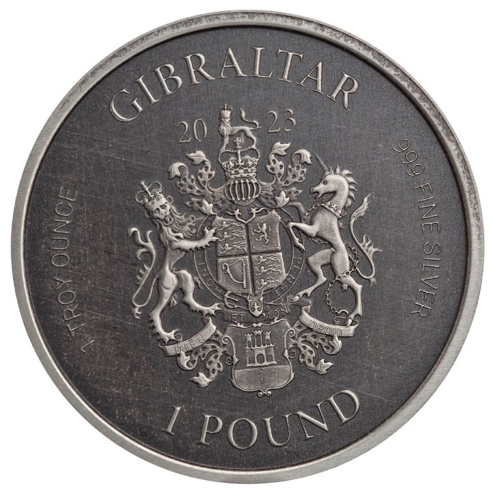 Gibraltar: Lady Justice 1 uncja Srebra 2023 Antique Coin