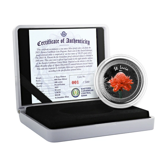 St. Lucia Botanical Gardens kolorowany 1 uncja Srebra 2021 Proof