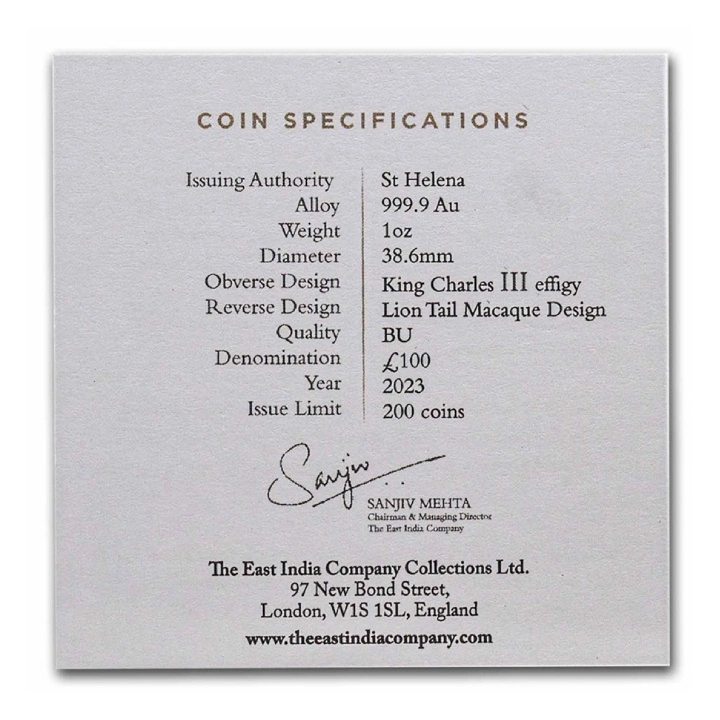 St Helena: Cash India Wildlife - Lion Tailed Macaque 1 uncja Złota 2023
