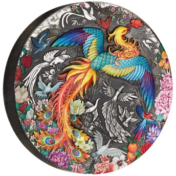 Tuvalu: Phoenix and Birds kolorowany 5 uncji Srebra 2023 Antiqued Coin