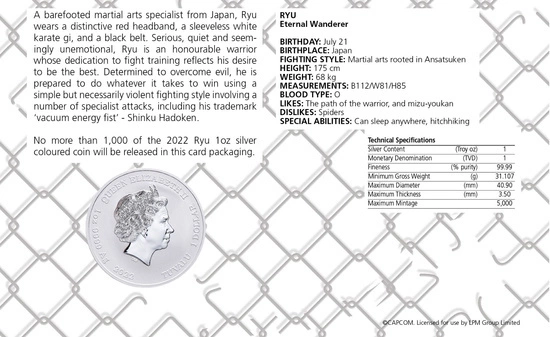 Tuvalu: Street Fighter - Ryu kolorowany 1 uncja Srebra 2022 (Moneta w karcie)