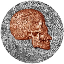 Cameroon: Carved Skull Bones 1 uncja Srebra 2017 Antiqued Coin (bez opakowania)