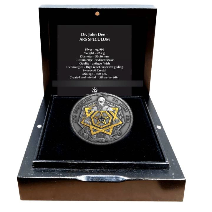Niue: The Alchemists - Dr. J. Dee "Ars Speculum" $5 Srebro 2022 Antique Finish