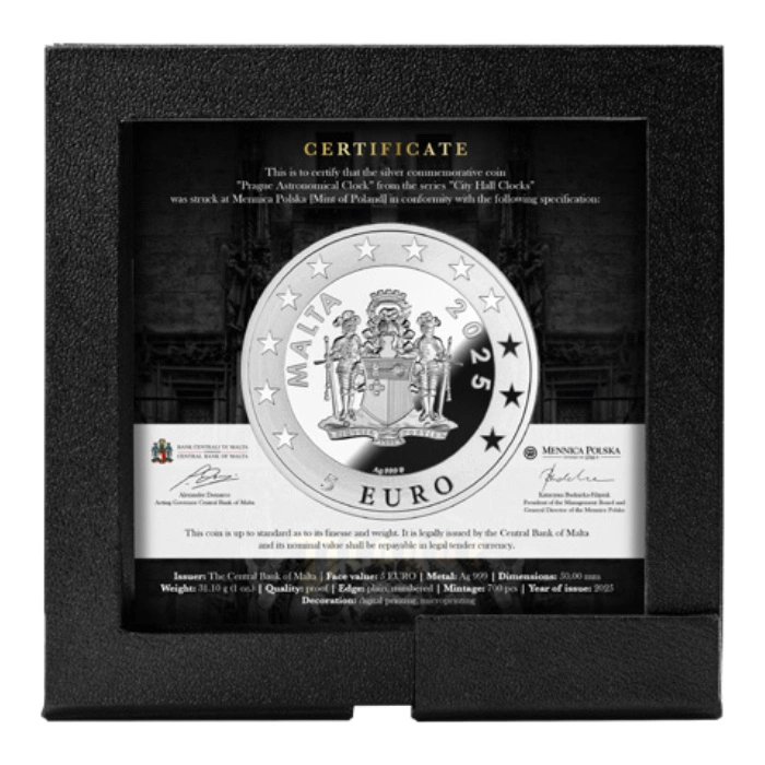 Malta: Prague - City Clocks kolorowany 1 uncja Srebra 2025 Proof