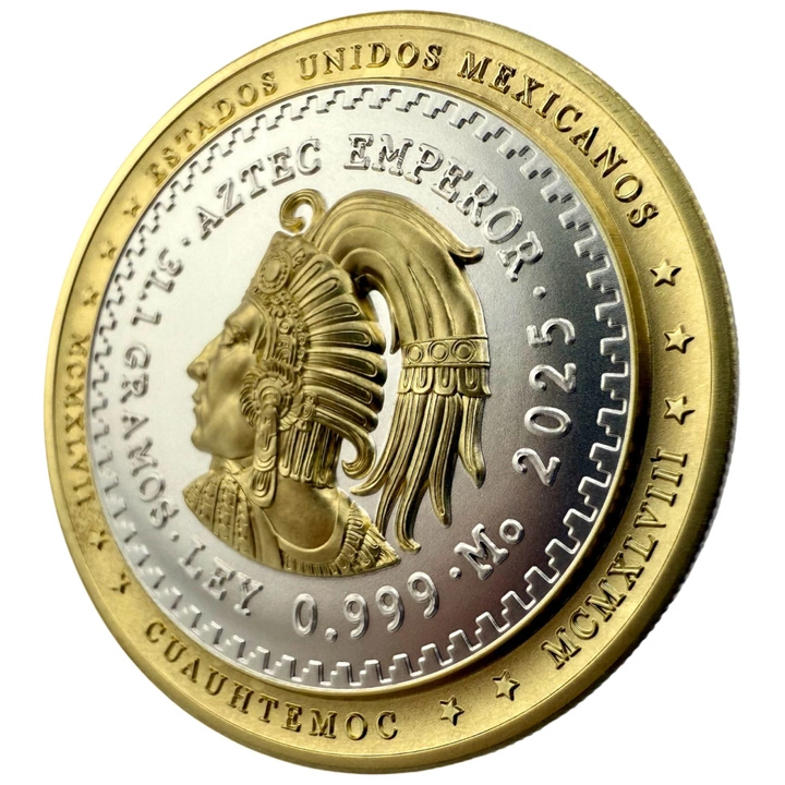 Niue: Aztec Emperor Cuauhtémoc Tribute pozłacany 1 uncja Srebra 2025 Ultra High Relief