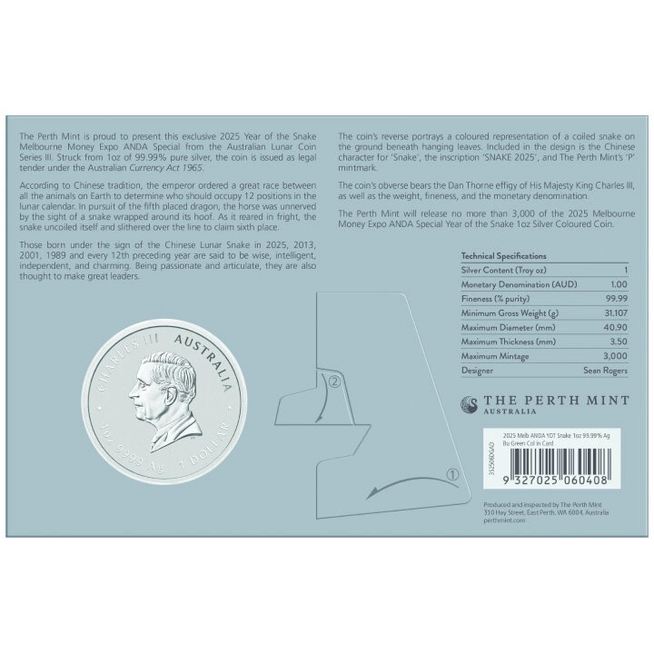 Perth Mint: Lunar III - Rok Węża kolorowany 1 uncja Srebra 2025 (Melbourne Money Expo Anda Special)
